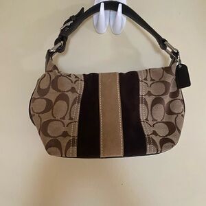 Coach Brown and Tan Signature Shoulder Bag with Suede Accents